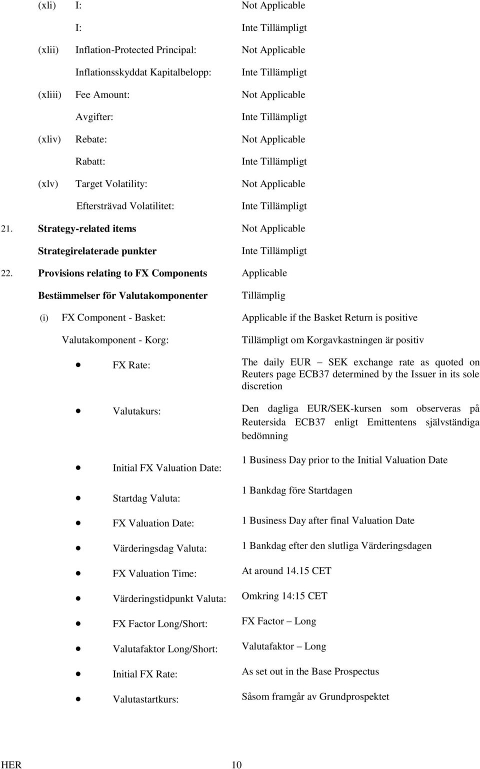 Provisions relating to FX Components Applicable Bestämmelser för Valutakomponenter Tillämplig (i) FX Component - Basket: Applicable if the Basket Return is positive Valutakomponent - Korg: