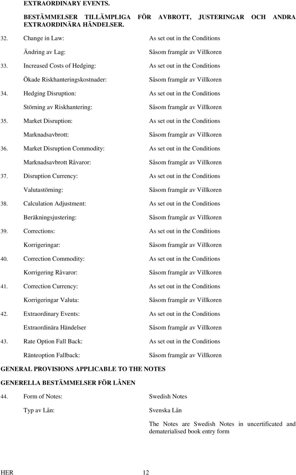 Increased Costs of Hedging: As set out in the Conditions Ökade Riskhanteringskostnader: Såsom framgår av Villkoren 34.
