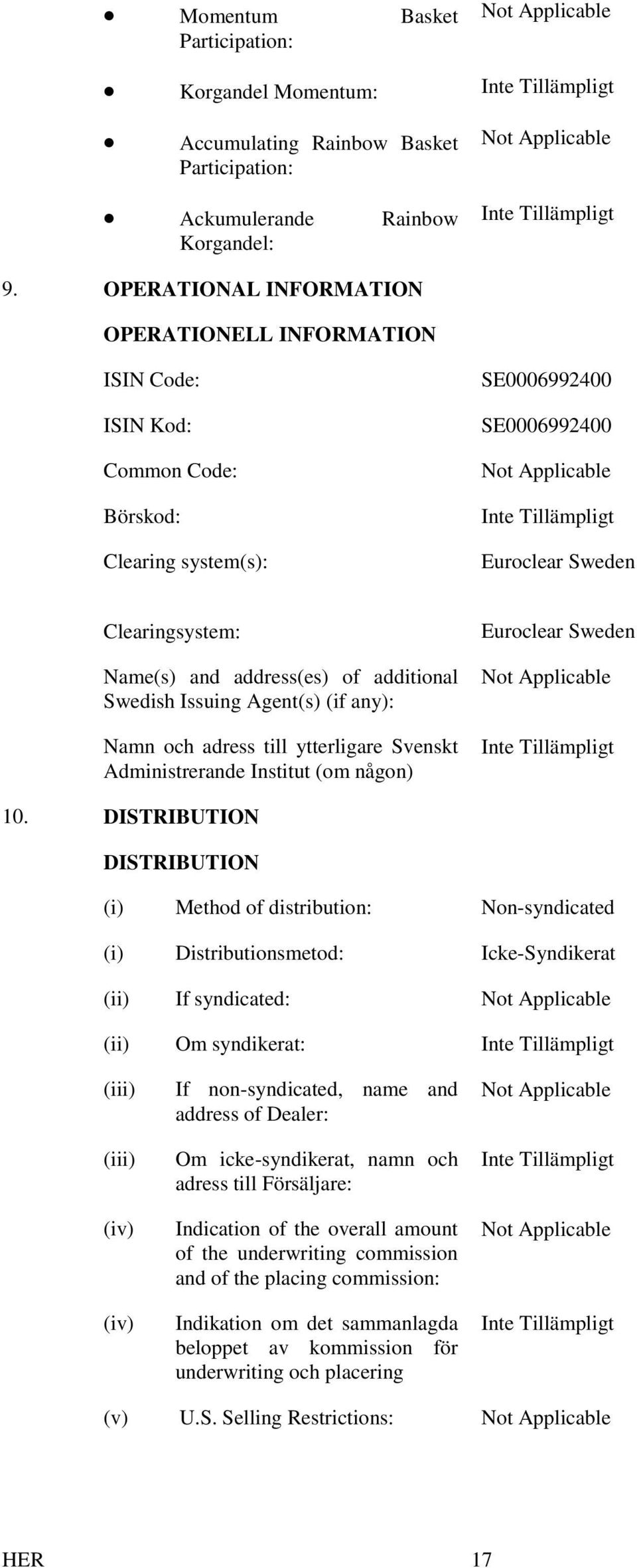 address(es) of additional Swedish Issuing Agent(s) (if any): Namn och adress till ytterligare Svenskt Administrerande Institut (om någon) Euroclear Sweden Not Applicable 10.