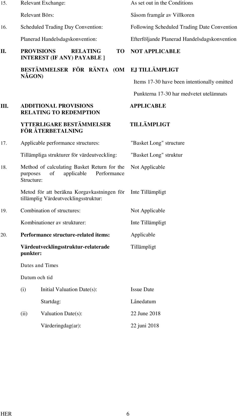 PROVISIONS RELATING TO INTEREST (IF ANY) PAYABLE ] BESTÄMMELSER FÖR RÄNTA (OM NÅGON) Efterföljande Planerad Handelsdagskonvention NOT APPLICABLE EJ TILLÄMPLIGT Items 17-30 have been intentionally