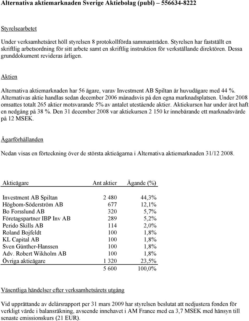 Aktien Alternativa aktiemarknaden har 56 ägare, varav Investment AB Spiltan är huvudägare med 44 %. Alternativas aktie handlas sedan december 2006 månadsvis på den egna marknadsplatsen.