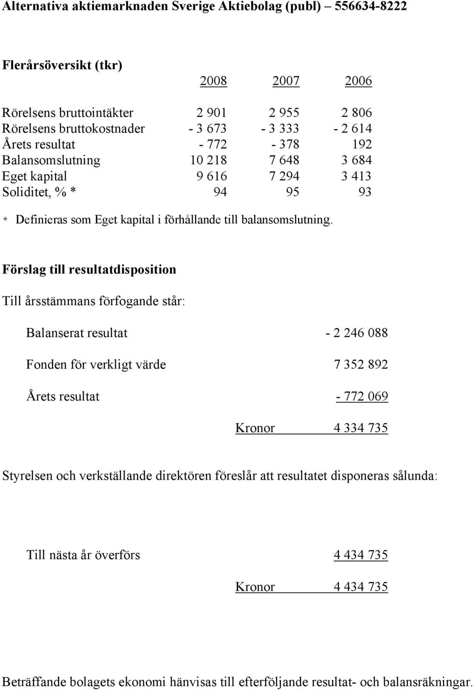 Förslag till resultatdisposition Till årsstämmans förfogande står: Balanserat resultat - 2 246 088 Fonden för verkligt värde 7 352 892 Årets resultat - 772 069 Kronor 4 334 735