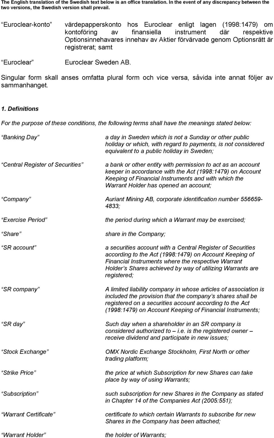 Definitions For the purpose of these conditions, the following terms shall have the meanings stated below: Banking Day Central Register of Securities a day in Sweden which is not a Sunday or other