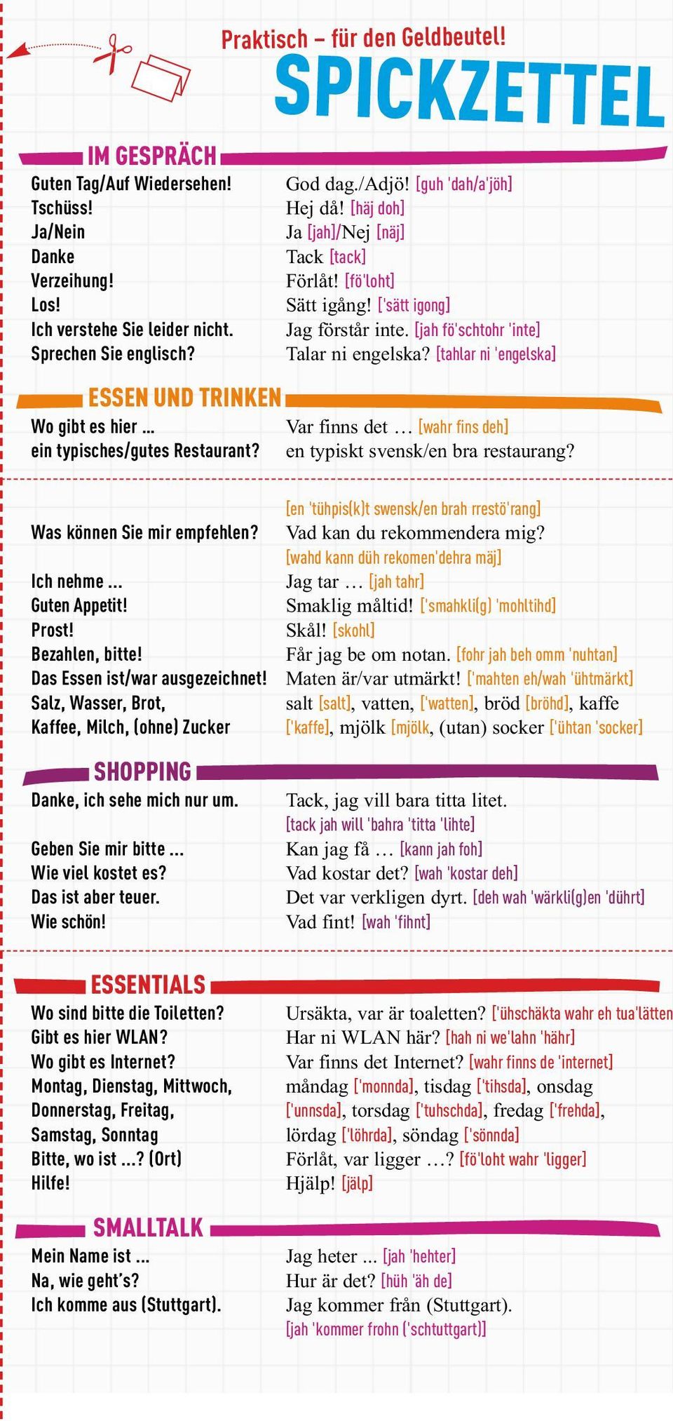 [tahlar ni ˈengelska] ESSEN UND TRINKEN Wo gibt es hier Var finns det [wahr fins deh] ein typisches/gutes Restaurant? en typiskt svensk/en bra restaurang? Was können Sie mir empfehlen?