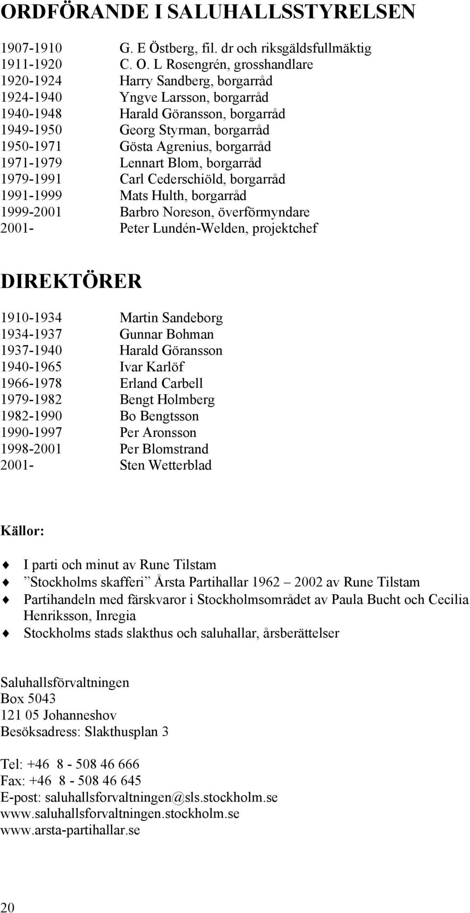 borgarråd 1971-1979 Lennart Blom, borgarråd 1979-1991 Carl Cederschiöld, borgarråd 1991-1999 Mats Hulth, borgarråd 1999-2001 Barbro Noreson, överförmyndare 2001- Peter Lundén-Welden, projektchef