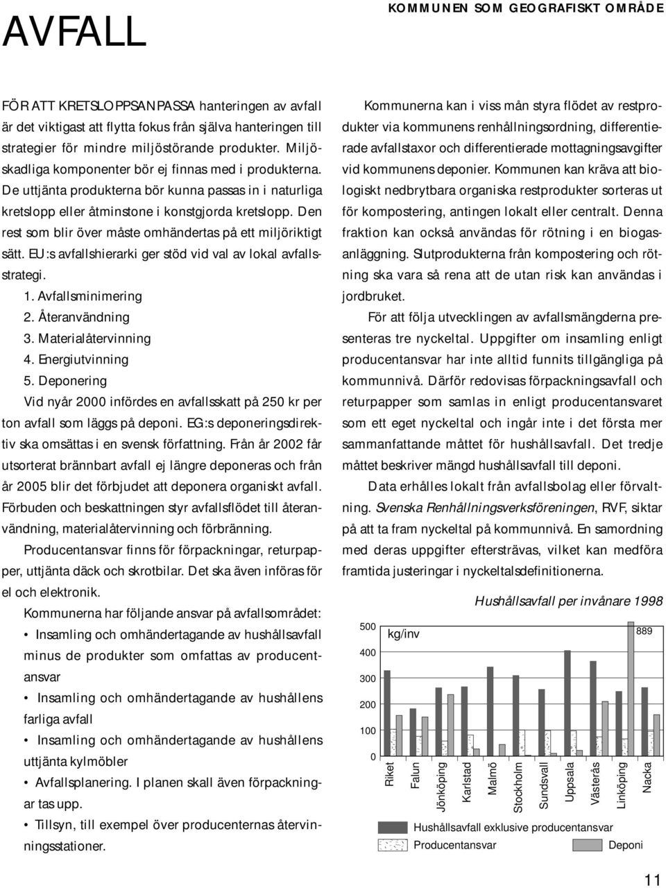 Den rest som blir över måste omhändertas på ett miljöriktigt sätt. EU:s avfallshierarki ger stöd vid val av lokal avfallsstrategi. 1. Avfallsminimering 2. Återanvändning 3. Materialåtervinning 4.