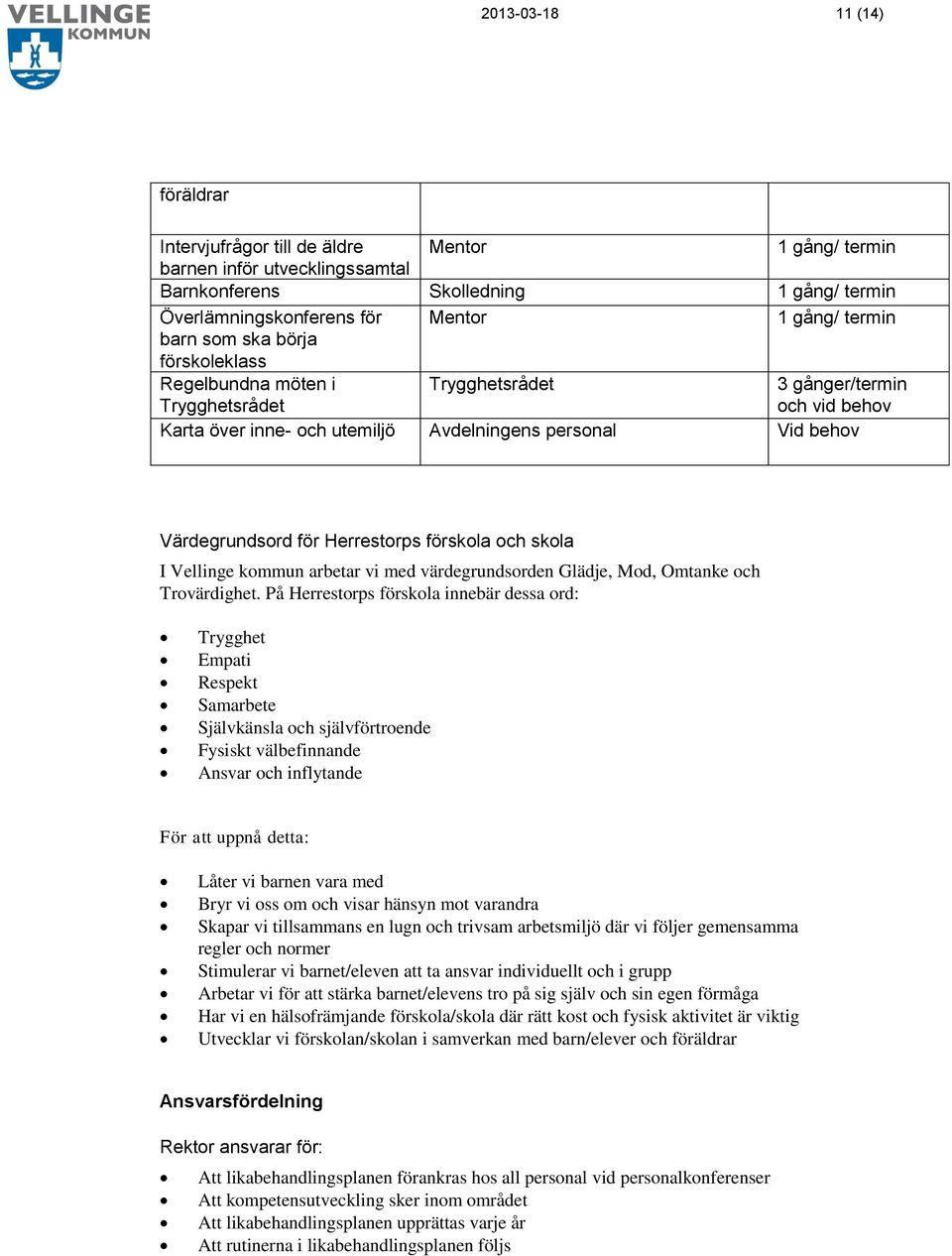 Herrestorps förskola och skola I Vellinge kommun arbetar vi med värdegrundsorden Glädje, Mod, Omtanke och Trovärdighet.