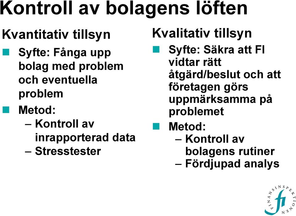 Stresstester Kvalitativ tillsyn Syfte: Säkra att FI vidtar rätt åtgärd/beslut