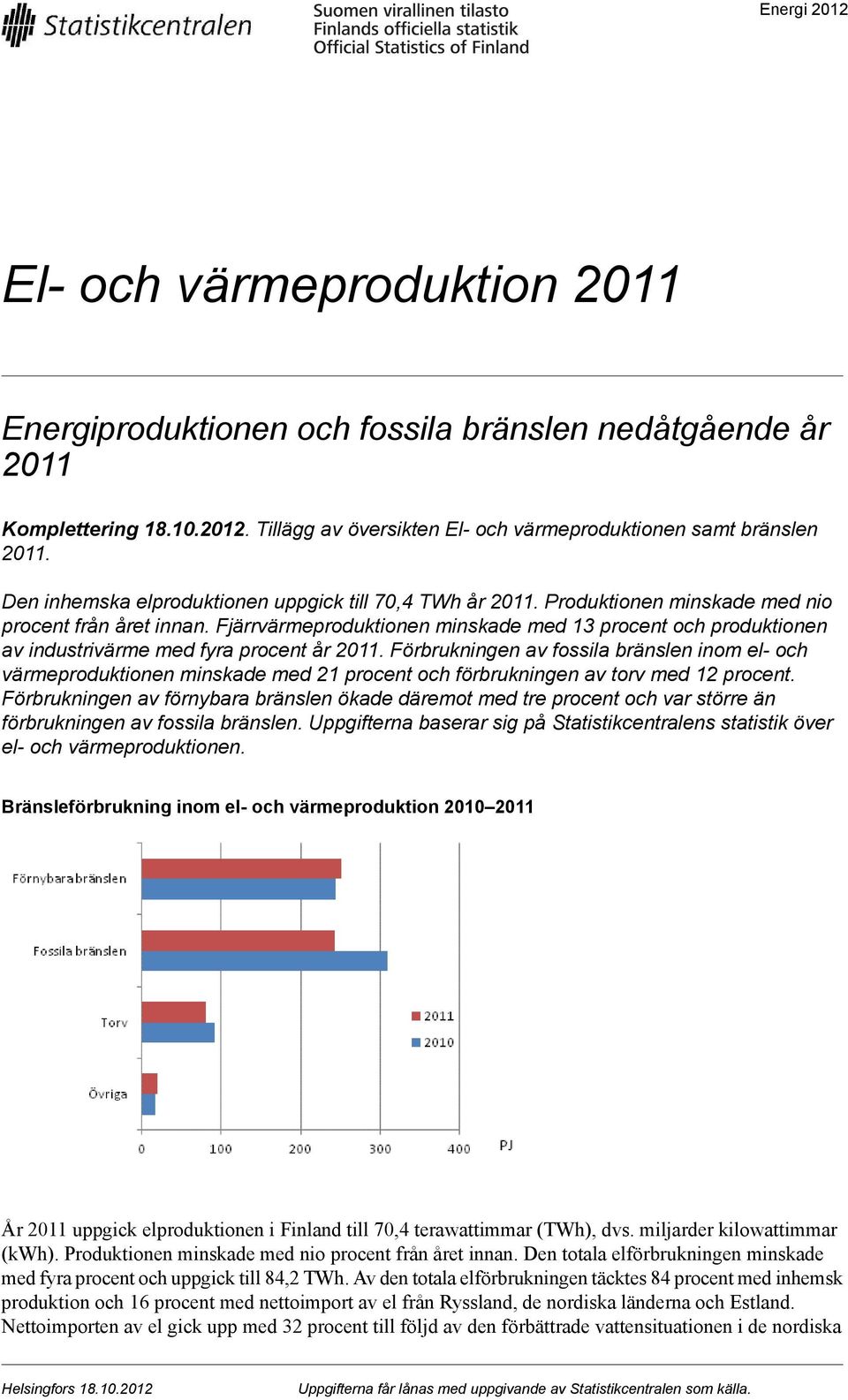 Fjärrvärmeproduktionen minskade med 13 procent och produktionen av industrivärme med fyra procent år 2011.