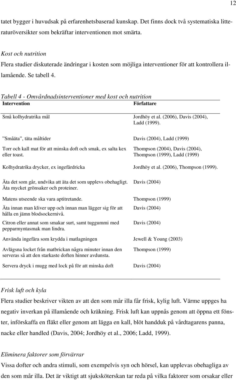 Tabell 4 - Omvårdnadsinterventioner med kost och nutrition Intervention Författare Små kolhydratrika mål Jordhöy et al. (2006), Davis (2004), Ladd (1999).