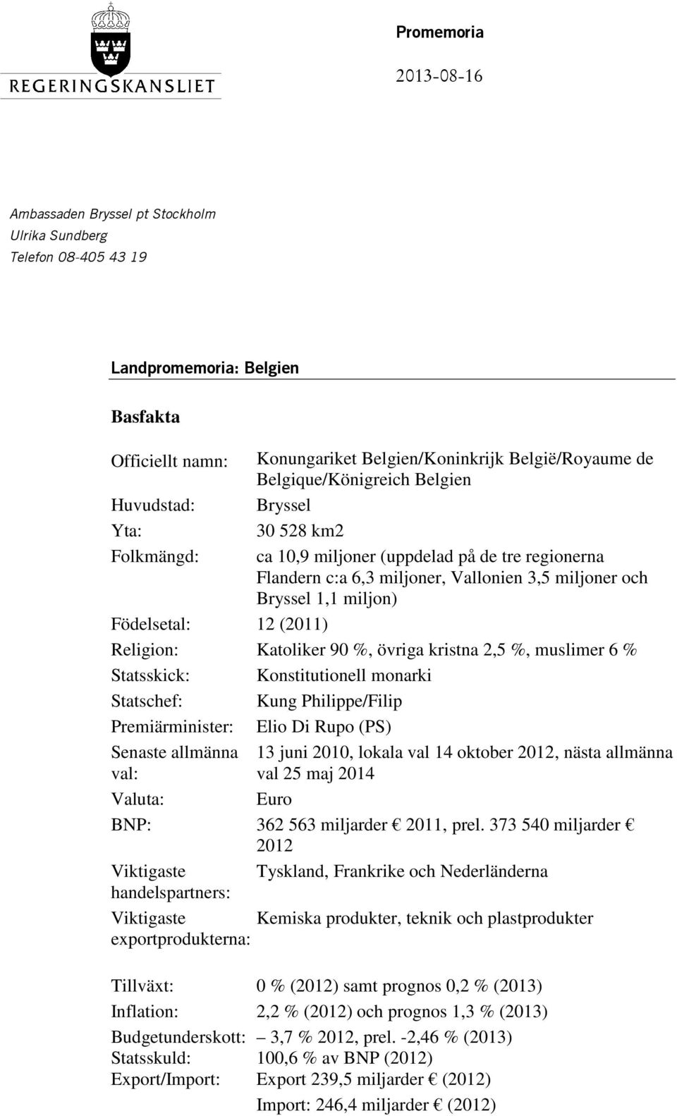 Födelsetal: 12 (2011) Religion: Katoliker 90 %, övriga kristna 2,5 %, muslimer 6 % Statsskick: Konstitutionell monarki Statschef: Kung Philippe/Filip Premiärminister: Elio Di Rupo (PS) Senaste