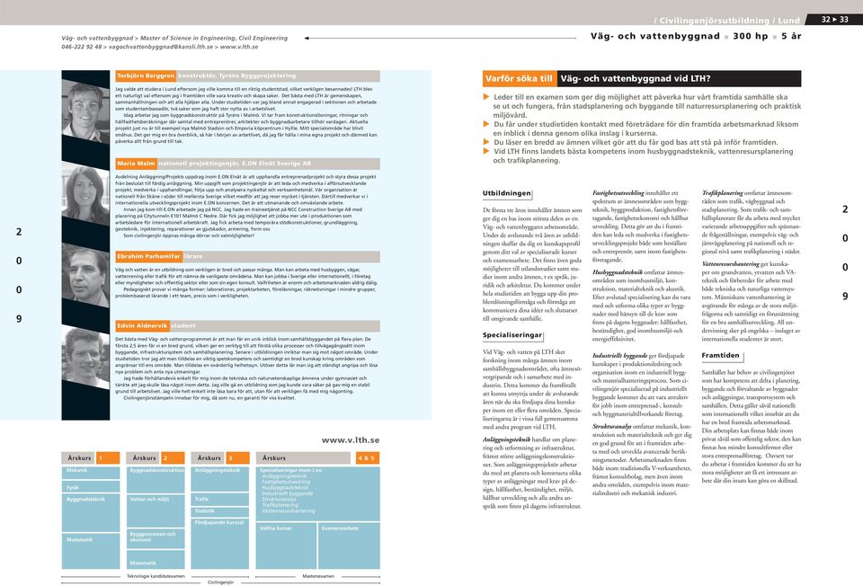 se Väg- och vattenbyggnad 3 hp 5 år Torbjörn Berggren konstruktör, Tyréns Byggprojektering Jag valde att studera i Lund eftersom jag ville komma till en riktig studentstad, vilket verkligen