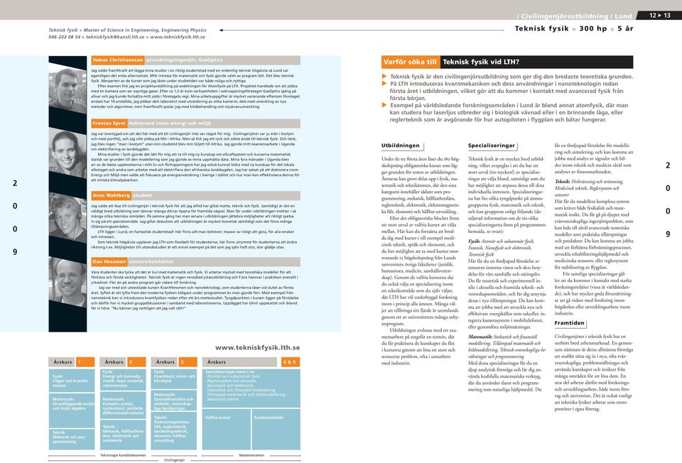 se Teknisk fysik 3 hp 5 år Tomas Christiansson utvecklingsingenjör, GasOptics Jag valde framförallt att lägga mina studier i en riktig studentstad med en ordentlig teknisk högskola så Lund var