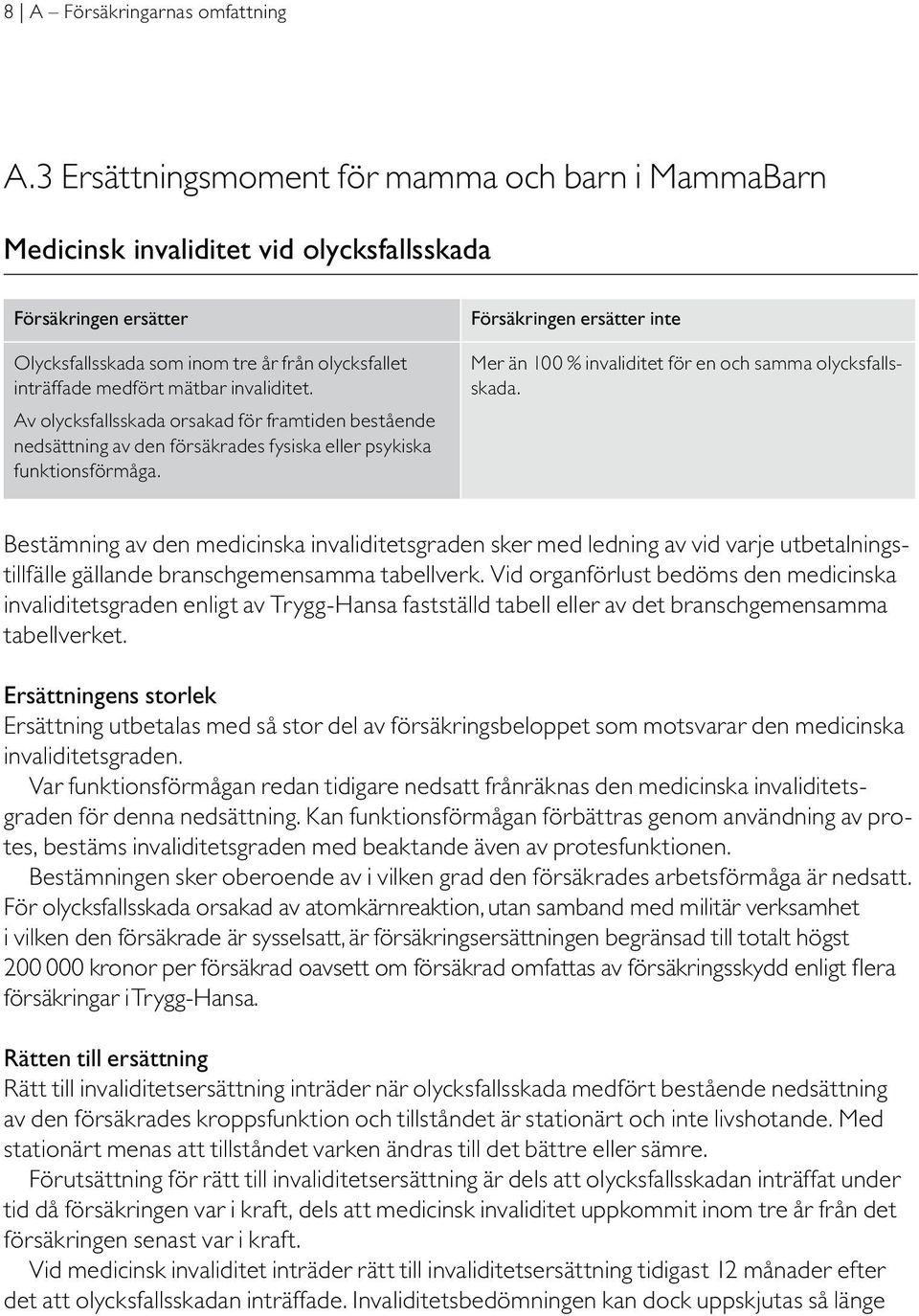 Av olycksfallsskada orsakad för framtiden bestående nedsättning av den försäkrades fysiska eller psykiska funktionsförmåga. inte Mer än 100 % invaliditet för en och samma olycksfallsskada.