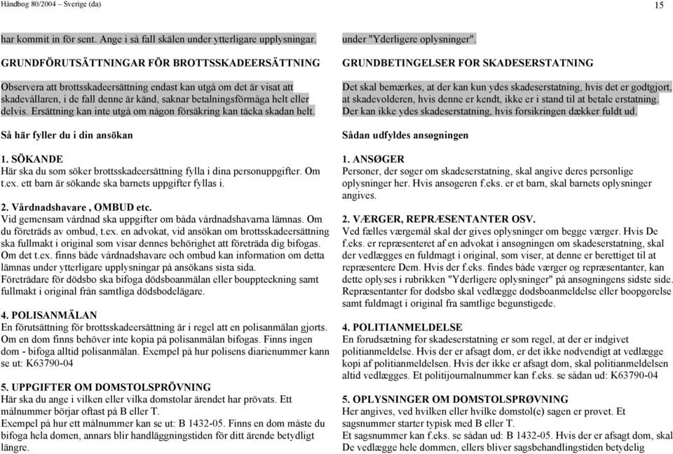 delvis. Ersättning kan inte utgå om någon försäing kan täcka skadan helt. Så här fyller du i din ansökan 1. SÖKANDE Här ska du som söker brottsskadeersättning fylla i dina personuppgifter. Om t.ex.