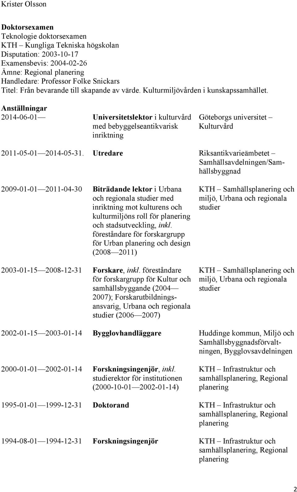 Anställningar 2014-06-01 Universitetslektor i kulturvård med bebyggelseantikvarisk inriktning Göteborgs universitet Kulturvård 2011-05-01 2014-05-31.