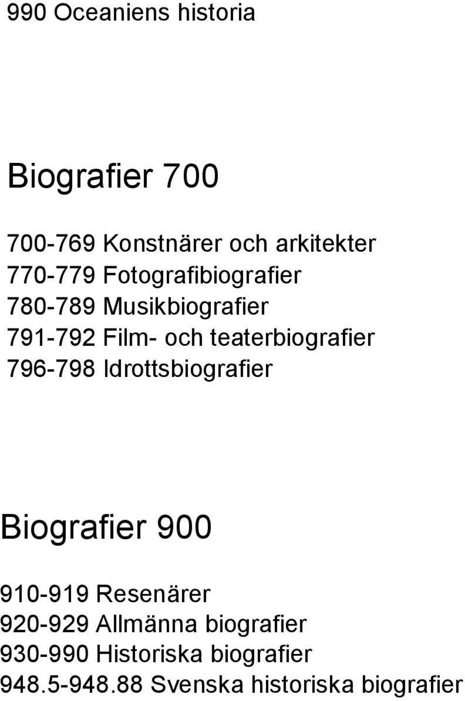 796-798 Idrottsbiografier Biografier 900 910-919 Resenärer 920-929 Allmänna