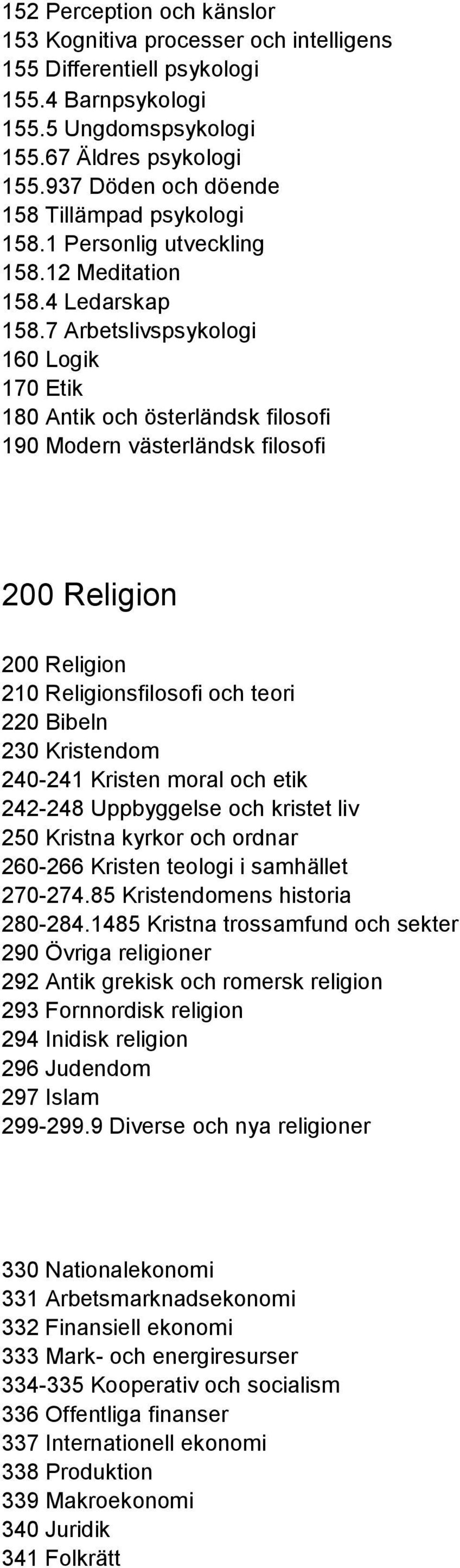 7 Arbetslivspsykologi 160 Logik 170 Etik 180 Antik och österländsk filosofi 190 Modern västerländsk filosofi 200 Religion 200 Religion 210 Religionsfilosofi och teori 220 Bibeln 230 Kristendom