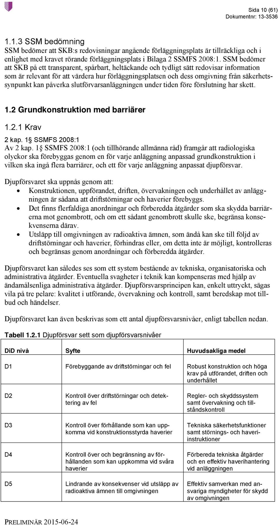 kan påverka slutförvarsanläggningen under tiden före förslutning har skett. 1.2 Grundkonstruktion med barriärer 1.2.1 Krav 2 kap. 1 SSMFS 2008:1 Av 2 kap.