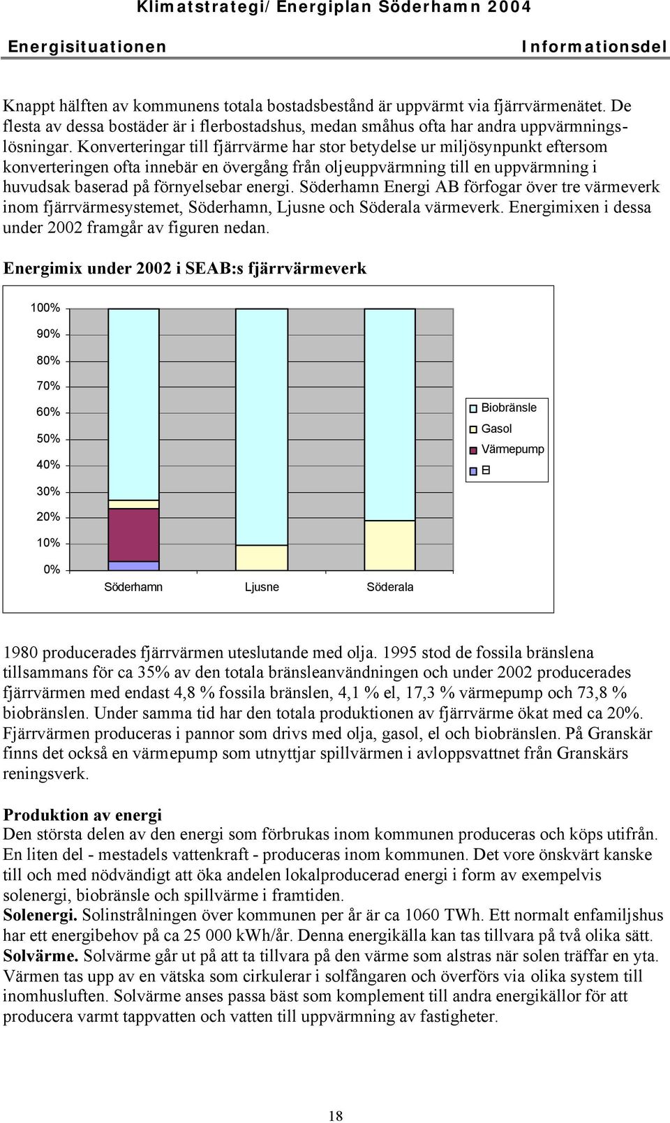 Söderhamn Energi AB förfogar över tre värmeverk inom fjärrvärmesystemet, Söderhamn, Ljusne och Söderala värmeverk. Energimixen i dessa under 2002 framgår av figuren nedan.