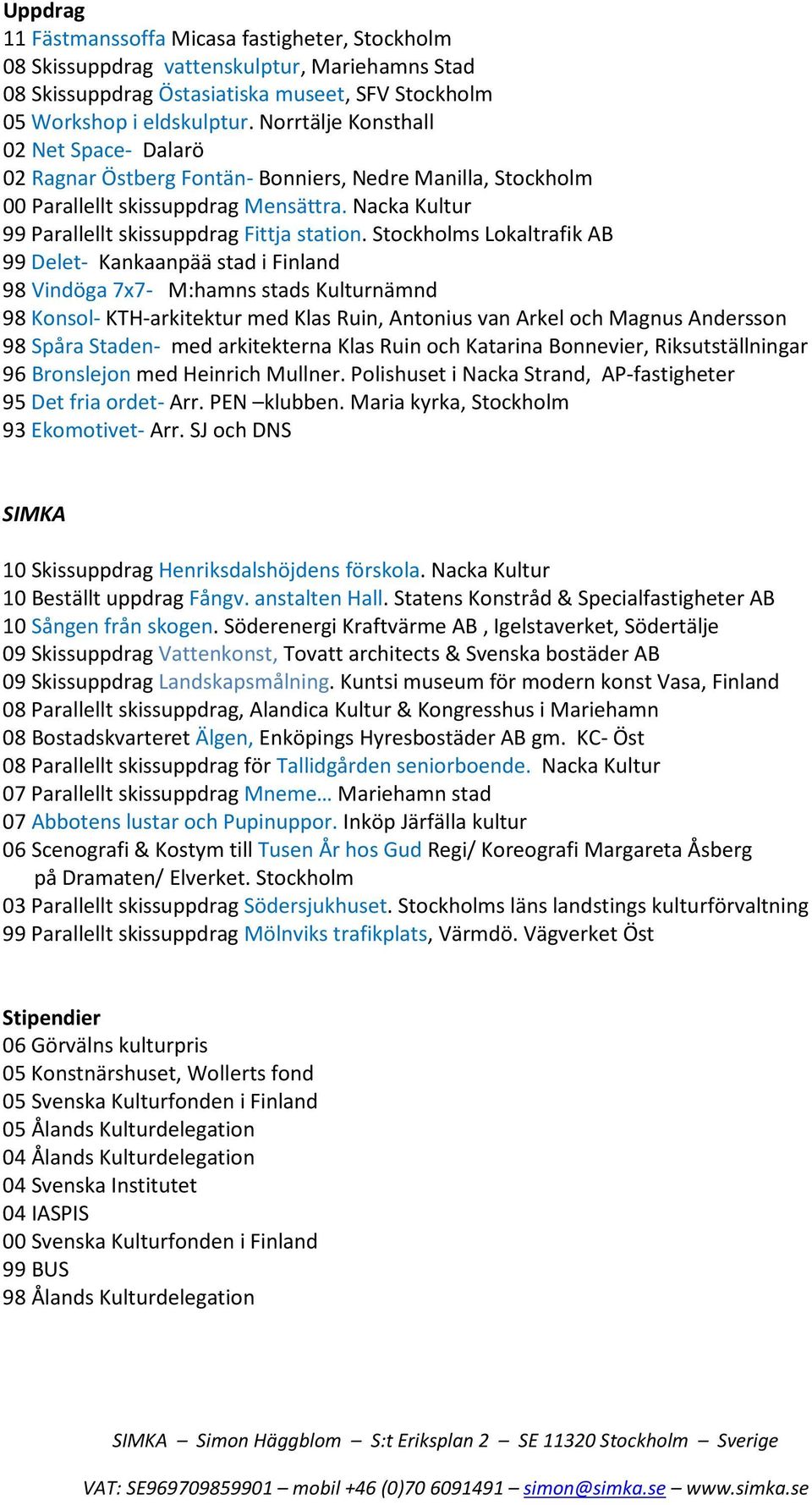 Stockholms Lokaltrafik AB 99 Delet- Kankaanpää stad i Finland 98 Vindöga 7x7- M:hamns stads Kulturnämnd 98 Konsol- KTH-arkitektur med Klas Ruin, Antonius van Arkel och Magnus Andersson 98 Spåra