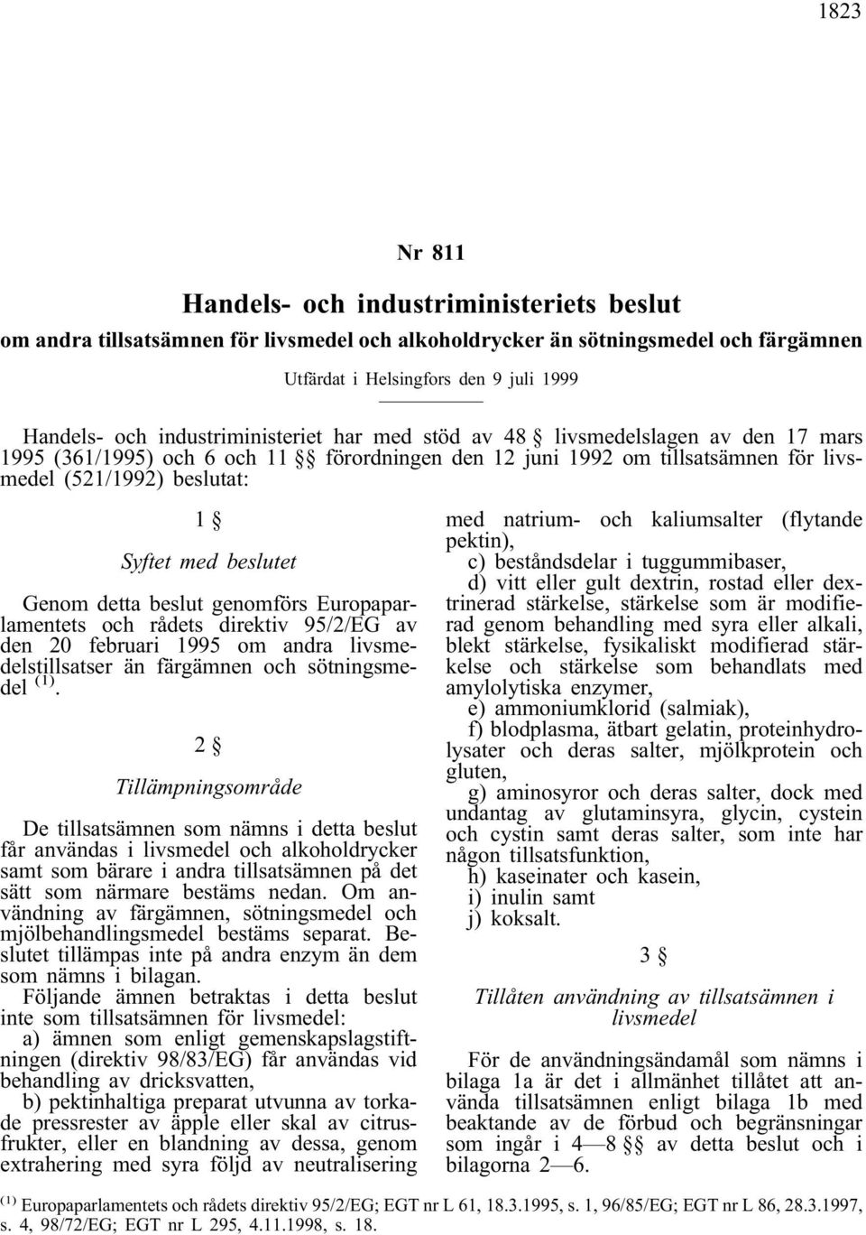 beslutet Genom detta beslut genomförs Europaparlamentets och rådets direktiv 95/2/EG av den 20 februari 1995 om andra livsmedelstillsatser än färgämnen och sötningsmedel (1).