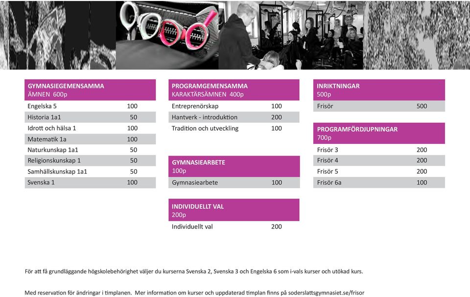 GYMNASIEARBETE Frisör 4 200 100p Frisör 5 200 Gymnasiearbete 100 Frisör 6a 100 INDIVIDUELLT VAL 200p Individuellt val 200 För att få grundläggande högskolebehörighet väljer du kurserna