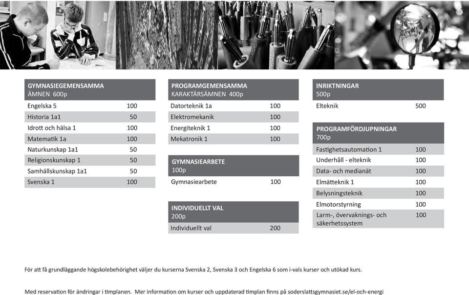 Elteknik 500 PROGRAMFÖRDJUPNINGAR 700p Fastighetsautomation 1 100 Underhåll - elteknik 100 Data- och medianät 100 Elmätteknik 1 100 Belysningsteknik 100 Elmotorstyrning 100 Larm-, övervaknings- och