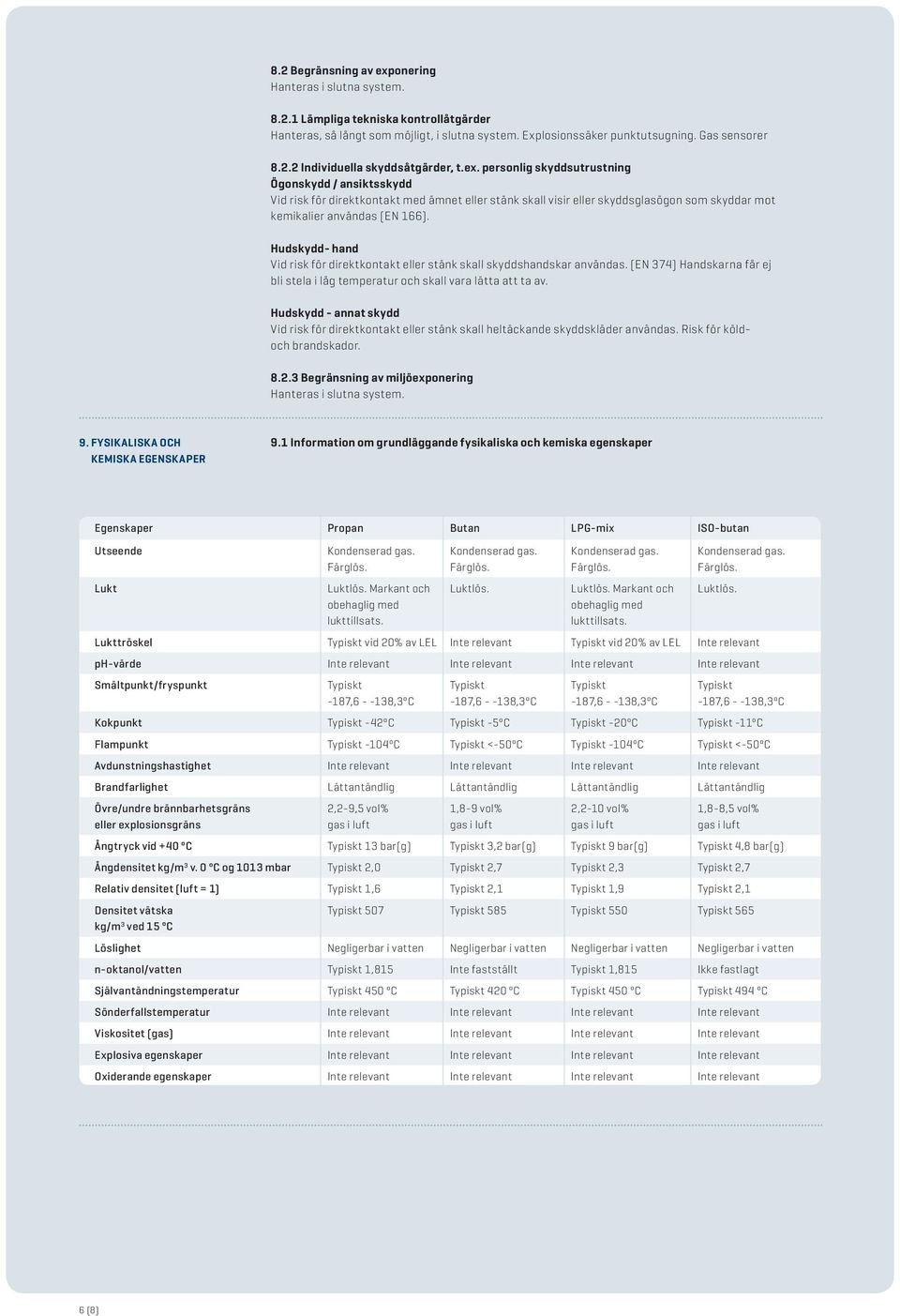 Hudskydd- hand Vid risk för direktkontakt eller stänk skall skyddshandskar användas. (EN 374) Handskarna får ej bli stela i låg temperatur och skall vara lätta att ta av.