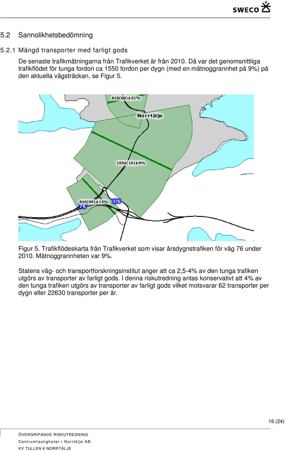 Figur 5. Trafikflödeskarta från Trafikverket som visar årsdygnstrafiken för väg 76 under 2010. Mätnoggrannheten var 9%.