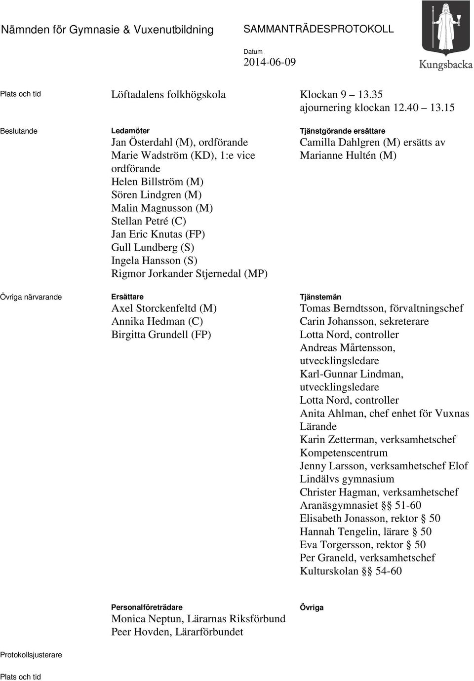 (FP) Gull Lundberg (S) Ingela Hansson (S) Rigmor Jorkander Stjernedal (MP) Ersättare Axel Storckenfeltd (M) Annika Hedman (C) Birgitta Grundell (FP) Tjänstgörande ersättare Camilla Dahlgren (M)