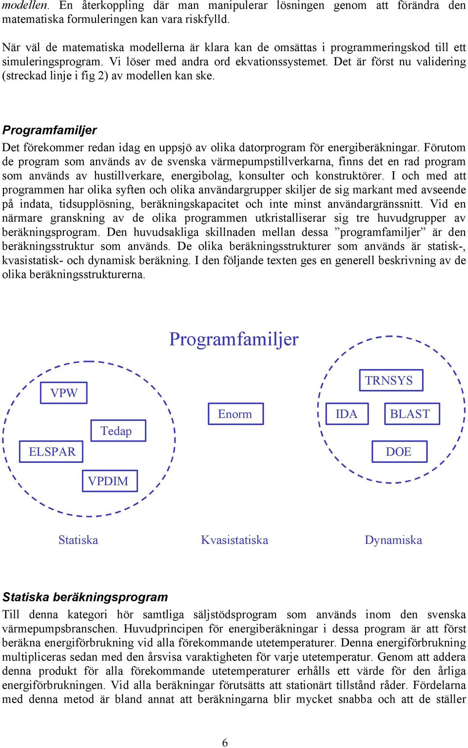 Det är först nu validering (streckad linje i fig ) av modellen kan ske. Programfamiljer Det förekommer redan idag en uppsjö av olika datorprogram för energiberäkningar.