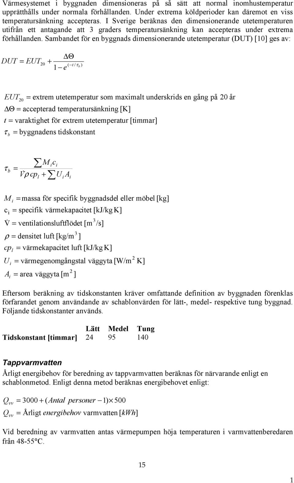 Sambandet för en byggnads dimensionerande utetemperatur (DUT) [0] ges av: DUT = EUT 0 + Θ ( t / τ b ) e EUT 0 = extrem utetemperatur som maximalt underskrids en gång på 0 år Θ = accepterad