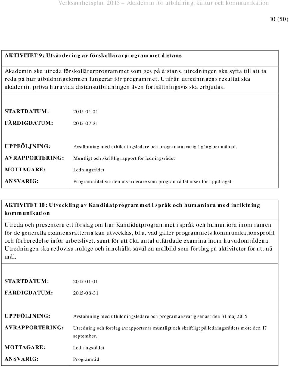 FÄRDIGDATUM: 2015-07-31 Avstämning med utbildningsledare och programansvarig 1 gång per månad.