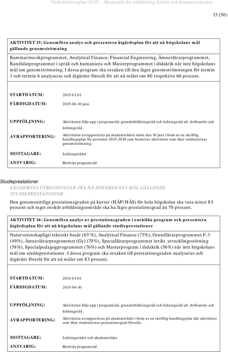 I dessa program ska orsaken till den lägre genomströmningen för termin 3 och termin 6 analyseras och åtgärder föreslå för att nå målet om 80 respektive 66 procent.