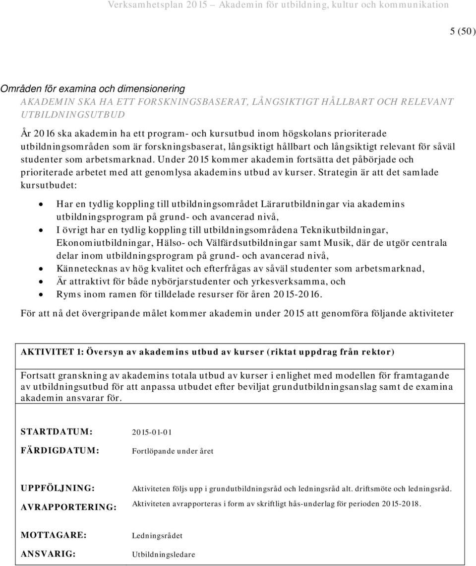 Under 2015 kommer akademin fortsätta det påbörjade och prioriterade arbetet med att genomlysa akademins utbud av kurser.