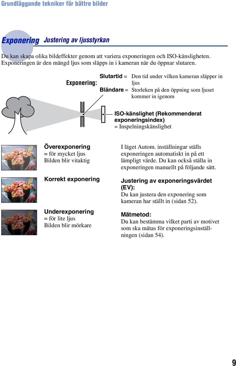 Slutartid = Den tid under vilken kameran släpper in Exponering: ljus Bländare = Storleken på den öppning som ljuset kommer in igenom ISO-känslighet (Rekommenderat exponeringsindex) =