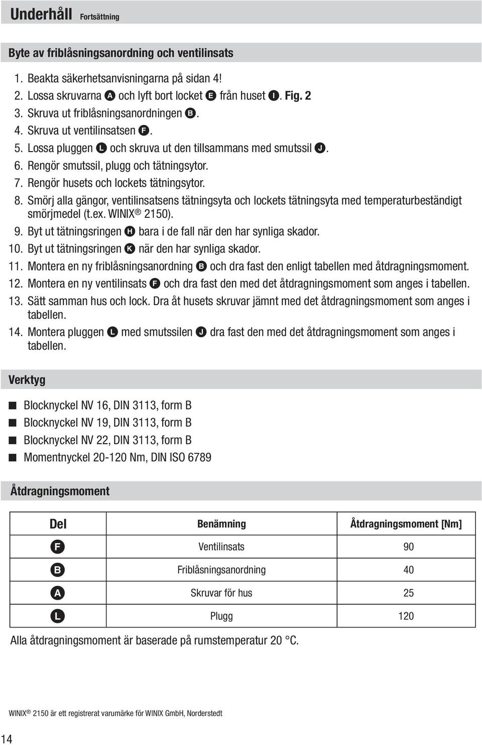 Rengör husets och lockets tätningsytor. 8. Smörj alla gängor, ventilinsatsens tätningsyta och lockets tätningsyta med temperaturbeständigt smörjmedel (t.ex. WINIX 2150). 9.