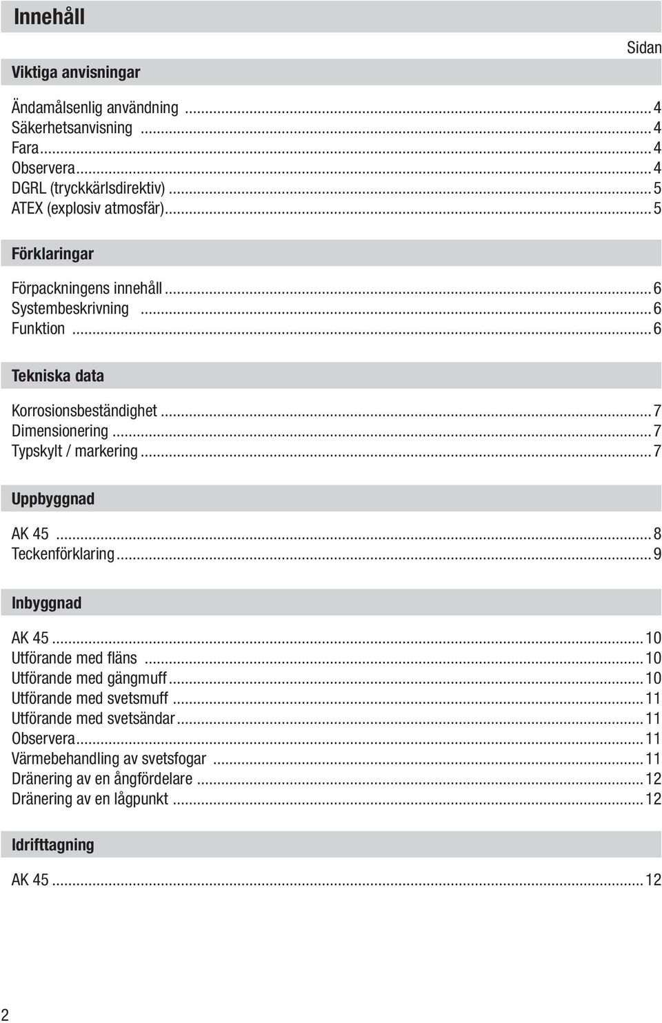 ..7 Dimensionering...7 Typskylt / markering...7 Uppbyggnad...8 Teckenförklaring...9 Inbyggnad...10 Utförande med fläns...10 Utförande med gängmuff.