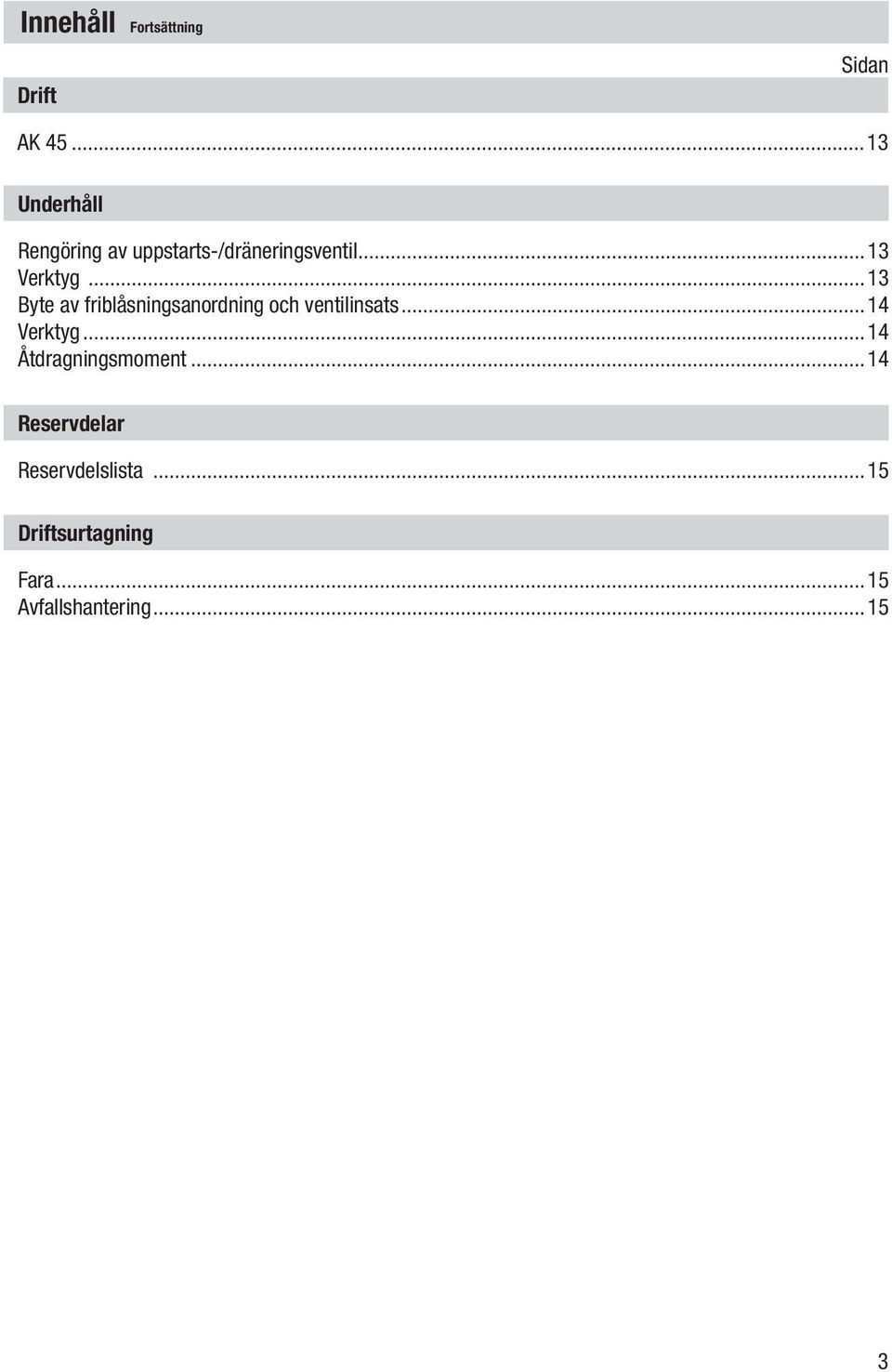 ..13 Byte av friblåsningsanordning och ventilinsats...14 Verktyg.