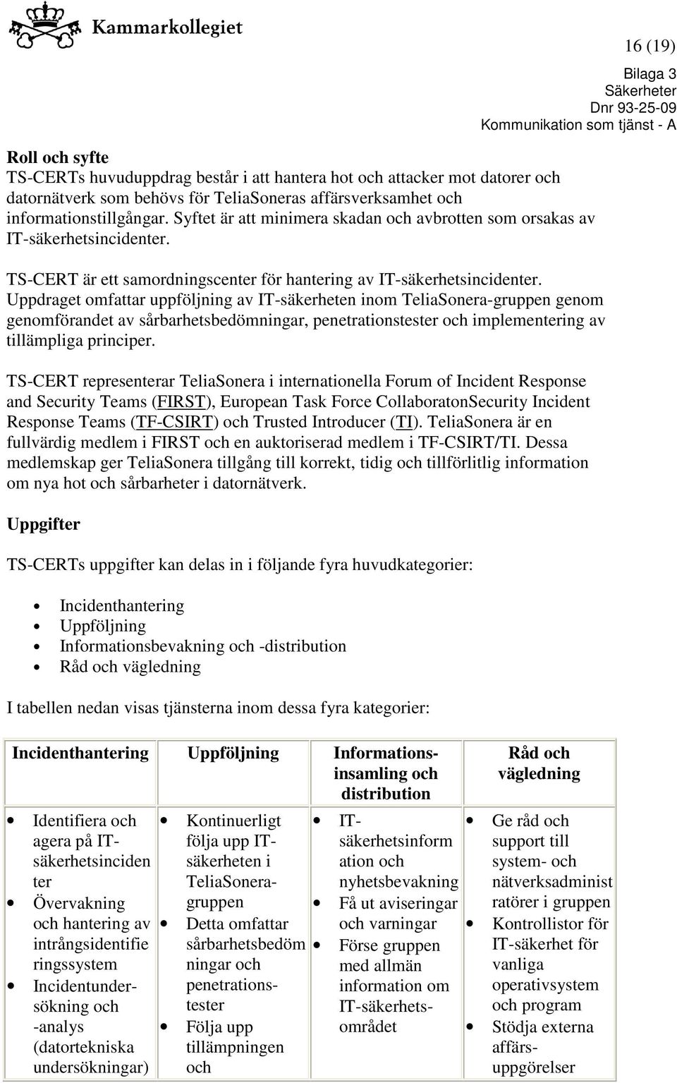 Uppdraget omfattar uppföljning av IT-säkerheten inom TeliaSonera-gruppen genom genomförandet av sårbarhetsbedömningar, penetrationstester och implementering av tillämpliga principer.