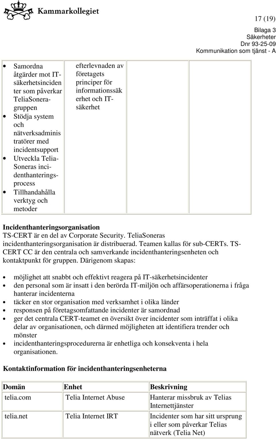 TeliaSoneras incidenthanteringsorganisation är distribuerad. Teamen kallas för sub-certs. TS- CERT CC är den centrala och samverkande incidenthanteringsenheten och kontaktpunkt för gruppen.