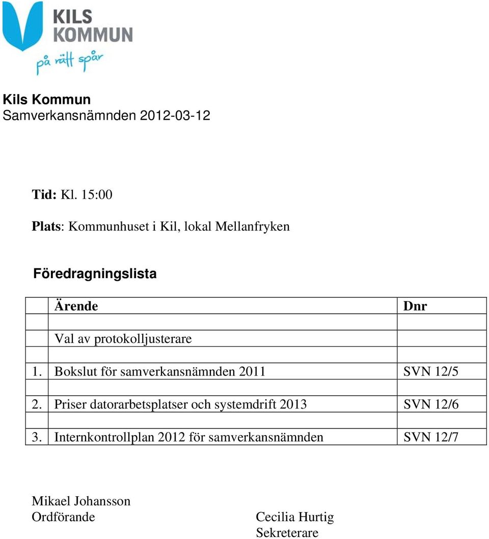 protokolljusterare 1. Bokslut för samverkansnämnden 2011 SVN 12/5 2.