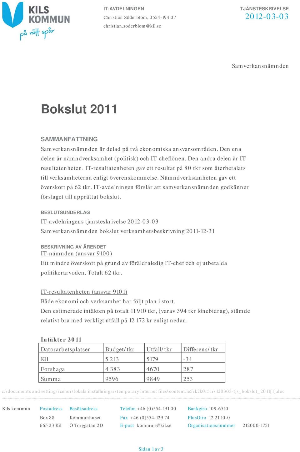 Den andra delen är ITresultatenheten. IT-resultatenheten gav ett resultat på 80 tkr som återbetalats till verksamheterna enligt överenskommelse. Nämndverksamheten gav ett överskott på 62 tkr.