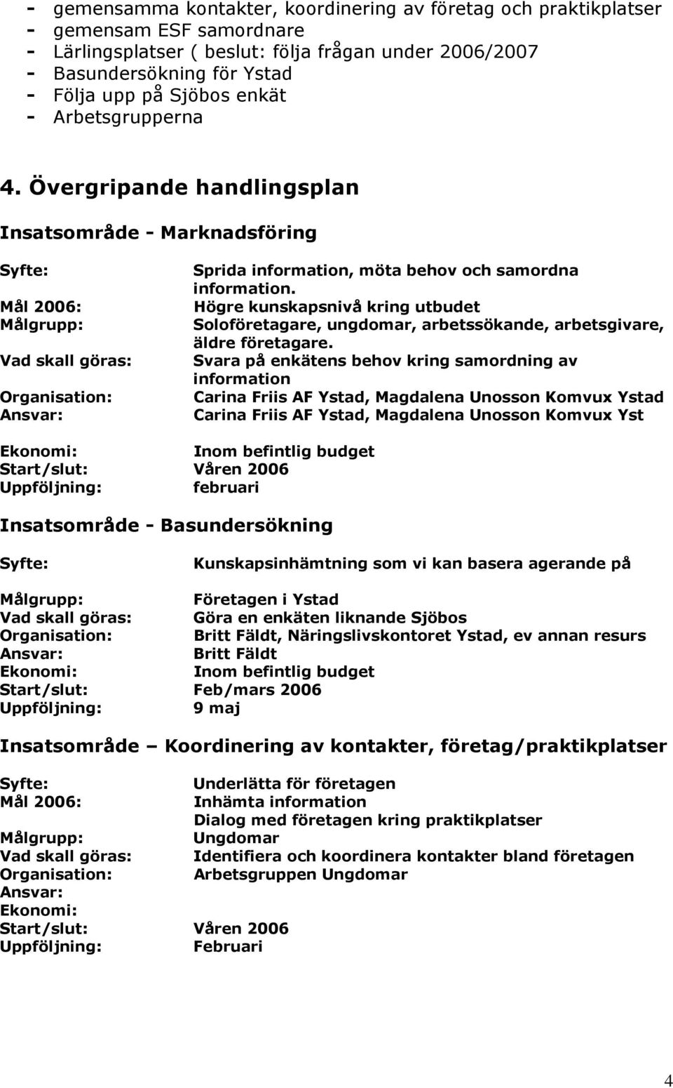 Övergripande handlingsplan Insatsområde - Marknadsföring Syfte: Mål 2006: Målgrupp: Vad skall göras: Organisation: Ansvar: Sprida information, möta behov och samordna information.