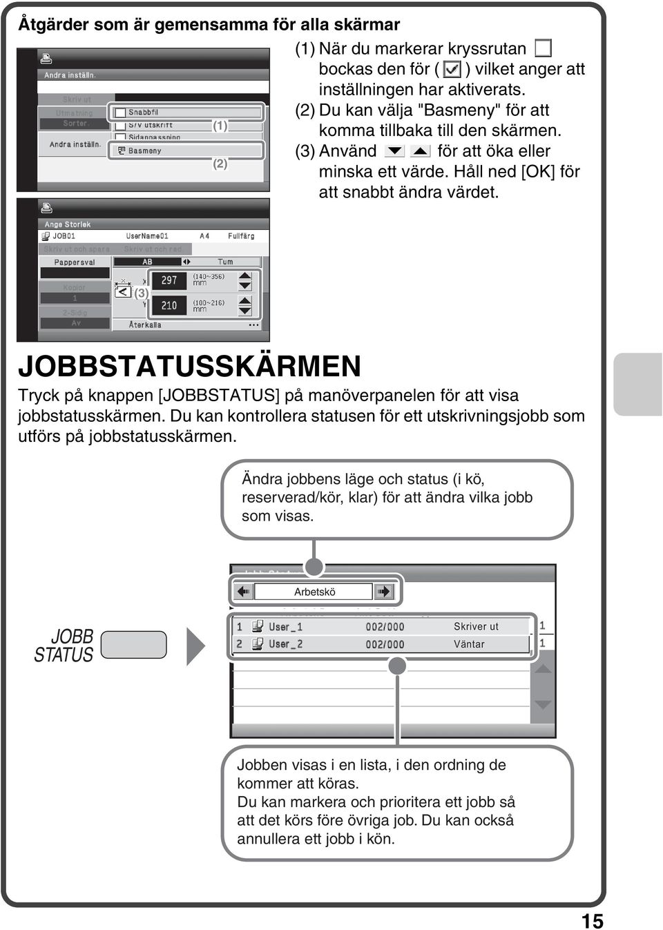 (3) JOBBSTATUSSKÄRMEN Tryck på knappen [JOBBSTATUS] på manöverpanelen för att visa jobbstatusskärmen. Du kan kontrollera statusen för ett utskrivningsjobb som utförs på jobbstatusskärmen.