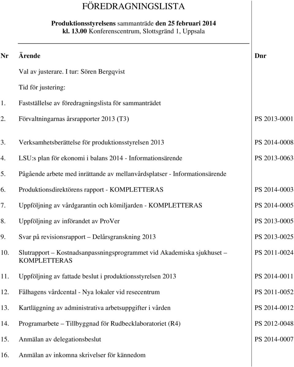 Verksamhetsberättelse för produktionsstyrelsen 2013 PS 2014-0008 4. LSU:s plan för ekonomi i balans 2014 - Informationsärende PS 2013-0063 5.