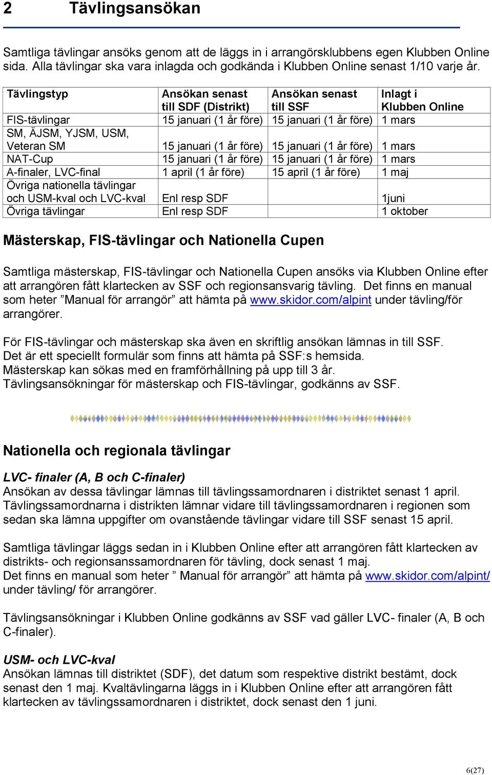 januari (1 år före) 15 januari (1 år före) 1 mars NAT-Cup 15 januari (1 år före) 15 januari (1 år före) 1 mars A-finaler, LVC-final 1 april (1 år före) 15 april (1 år före) 1 maj Övriga nationella