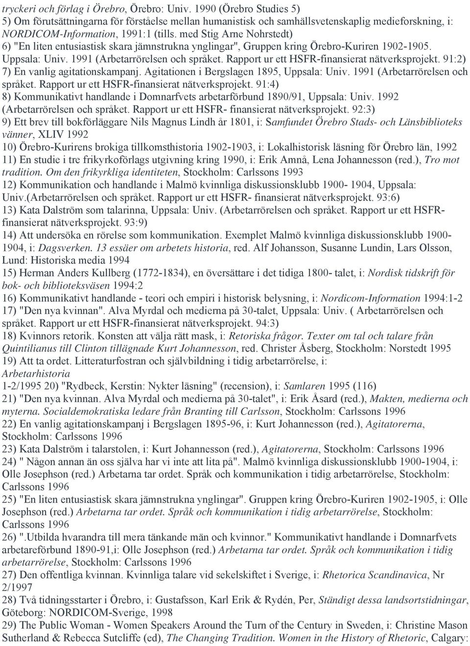 med Stig Arne Nohrstedt) 6) "En liten entusiastisk skara jämnstrukna ynglingar", Gruppen kring Örebro-Kuriren 1902-1905. Uppsala: Univ. 1991 (Arbetarrörelsen och språket.