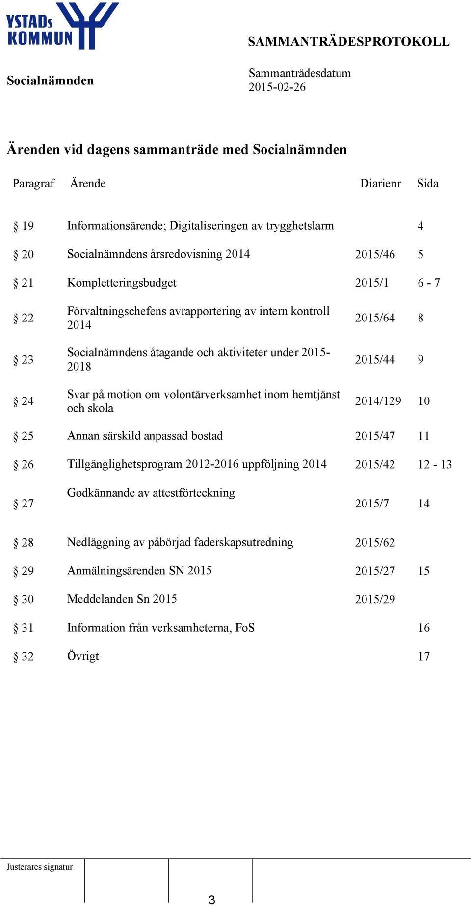 2015/64 8 2015/44 9 2014/129 10 25 Annan särskild anpassad bostad 2015/47 11 26 Tillgänglighetsprogram 2012-2016 uppföljning 2014 2015/42 12-13 27 Godkännande av attestförteckning